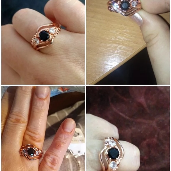 New Rose Gold Plated Unique Black Stone Prong Setting Twist Band Sapphire Ring - Picture 7 of 13
